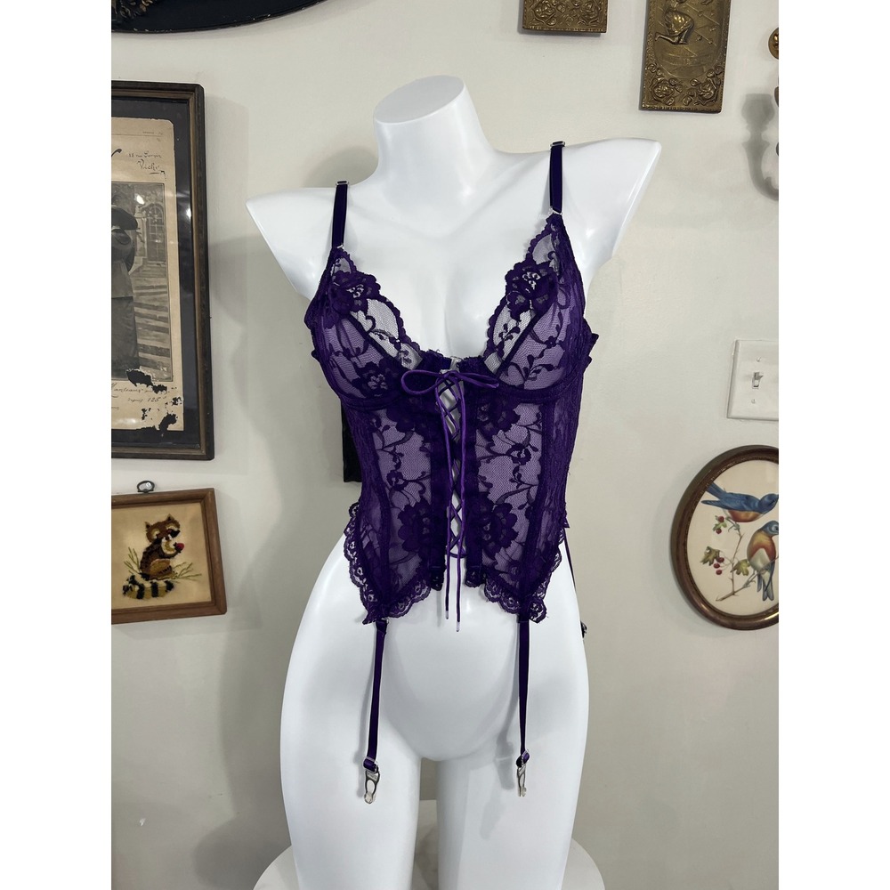 Vintage Shirley of Hollywood Purple Lace Corset Lingerie Top Size 32